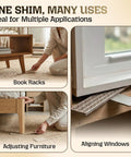 Heavy Duty Composite Wood Shims For Leveling And Spacing built tough, shown adjusting furniture, aligning windows, and supporting book racks.