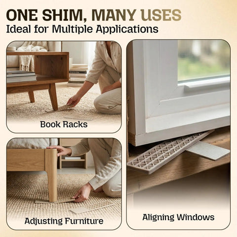 Heavy Duty Composite Wood Shims For Leveling And Spacing built tough, shown adjusting furniture, aligning windows, and supporting book racks.