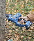 Person using 8 Inch Cordless Mini Chainsaw With Dual 2000mAh Batteries Electric Handheld Tree Trimmer For Quick Wood Cutting