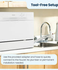 Compact Countertop Dishwasher With No Sweat Faucet Hookup Six Place Setting Capacity Six Rapid Wash Cycles Heavy Duty Silverware Tray Matte White Build next to a kitchen sink.