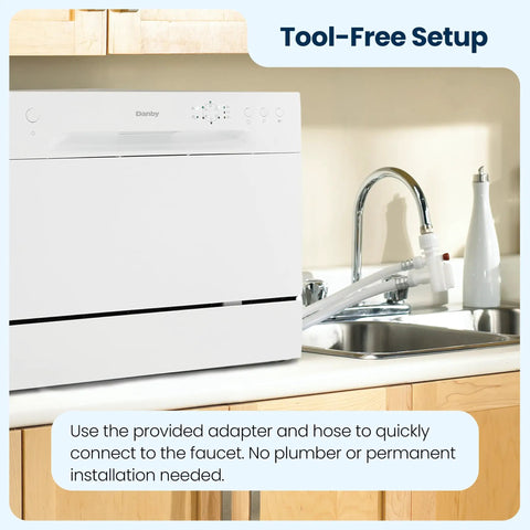 Compact Countertop Dishwasher With No Sweat Faucet Hookup Six Place Setting Capacity Six Rapid Wash Cycles Heavy Duty Silverware Tray Matte White Build next to a kitchen sink.