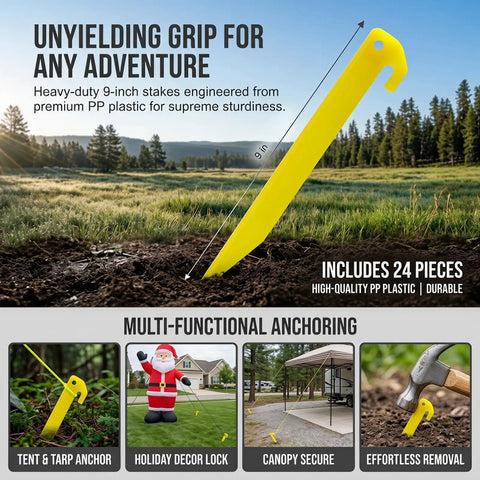 Image of 9-inch yellow plastic tent peg in ground with text showcasing 24 Pack 9 Inch Yellow Plastic Tent Pegs Stakes For Camping And Outdoor Use Durable.