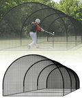 Player using 30 Ft Portable Baseball And Softball Batting Cage For Backyard Setup Collapsible Net With Fiberglass Poles Durable Polyester Netting Semi Open Design For Easy Setup And Hitting And Pitching Practice At Home made of polyester netting and fiberglass poles for batting practice.