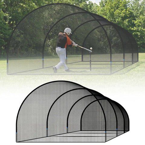Player using 30 Ft Portable Baseball And Softball Batting Cage For Backyard Setup Collapsible Net With Fiberglass Poles Durable Polyester Netting Semi Open Design For Easy Setup And Hitting And Pitching Practice At Home made of polyester netting and fiberglass poles for batting practice.