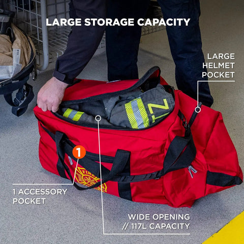 Arsenal 5005W Large Nylon Rolling Firefighter Rescue Turnout Gear Bag open showing helmet pocket and accessory pocket.