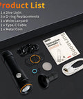 V21 Ultra Bright 2500 Lumen Dive Light With IP68 Waterproof Rating Three Adjustable Beams kit with accessories and manual
