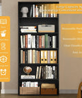 Knockout 6 Tier Bookshelf, Modern Industrial Open Bookcase With Heavy Duty Shelves, 71 Inch Tall Floor Standing Display Rack For Living Room, Office Or Bedroom In Sleek Black Build filled with books and decorative items.