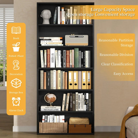 Knockout 6 Tier Bookshelf, Modern Industrial Open Bookcase With Heavy Duty Shelves, 71 Inch Tall Floor Standing Display Rack For Living Room, Office Or Bedroom In Sleek Black Build filled with books and decorative items.