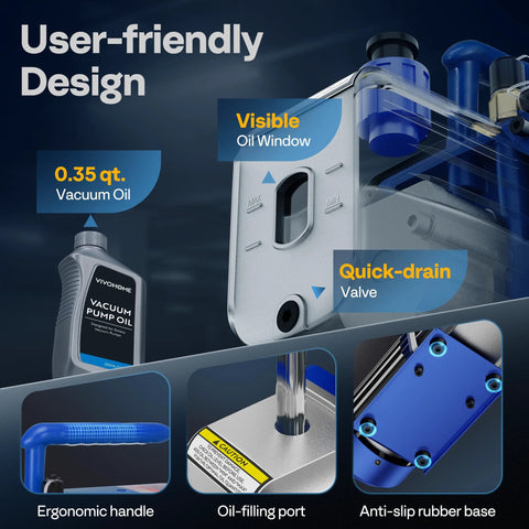 VIVOHOME HVAC vacuum pump with 0.35 qt oil bottle, visible oil window, blue ergonomic handle, anti-slip base for automotive use.