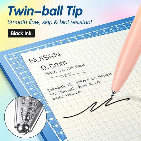 Gel Pen Set 0.5mm Quick-Drying Black Ink on notepad, showcasing smooth non-bleed writing with twin-ball tip, gradient barrel