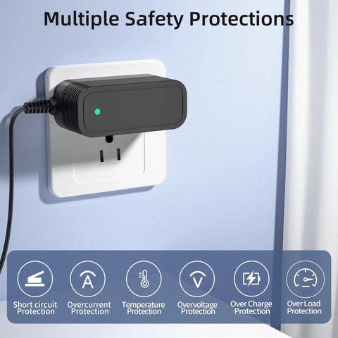 Heavy Duty 21V Drill Battery Charger For Both Cordless Tools charging in wall outlet, showcasing safety features and compact design.