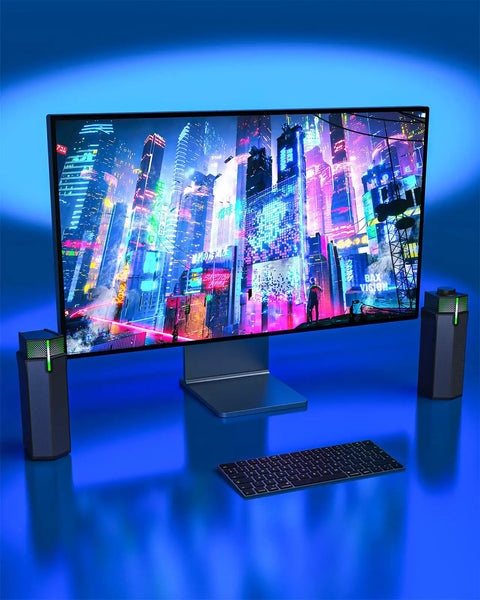 M20 USB Powered Desktop Speakers For PC Monitor And Gaming Rig with gradient RGB lighting and separate base on desk setup