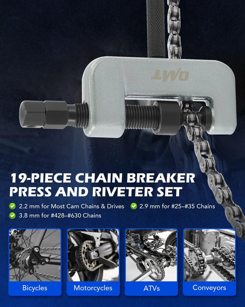 Orion Motor Tech 19-piece chain breaker tool kit with C-frame; silver body and black screw.