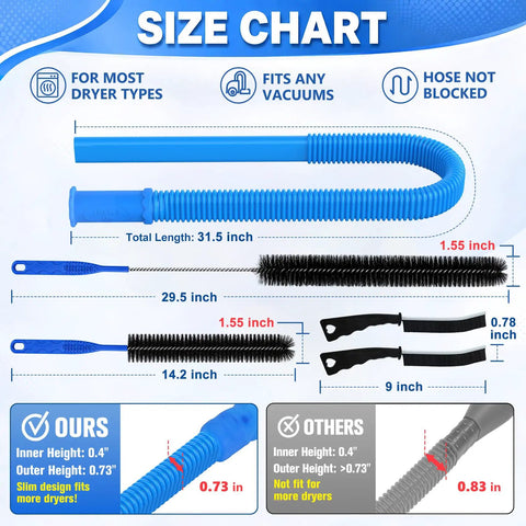 Size chart for 5 Piece Dryer Vent Cleaner Kit With Ultra Slim 0.73 Inch Vacuum Hose Attachment And Super Handy Universal Connector.