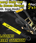 Beefy Rugged Car Tie Down Straps For Trailers 2 Inch Wide By 10 Foot Long With 10000 Pound Break Strength shown with yellow strap and hook
