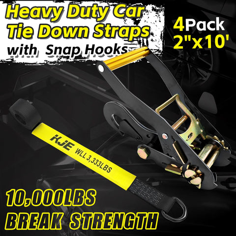 Beefy Rugged Car Tie Down Straps For Trailers 2 Inch Wide By 10 Foot Long With 10000 Pound Break Strength shown with yellow strap and hook