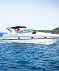 Luxury boat with Four Pieces Bimini Top Caps For Seven Eighths Inch OD Round Tubing Stainless Steel External Eye End Boat Fittings Marine Hardware Beefed Up For Tough Marine Use on the open sea.
