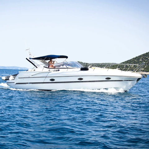 Luxury boat with Four Pieces Bimini Top Caps For Seven Eighths Inch OD Round Tubing Stainless Steel External Eye End Boat Fittings Marine Hardware Beefed Up For Tough Marine Use on the open sea.