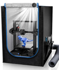 All In One 3D Printer Enclosure With LED Light Integrated Thermometer And Quiet Ventilation Kit Fireproof And Dustproof Constant Temperature Chamber For Stable Prints And Minimal Warping showing a 3D printed dinosaur
