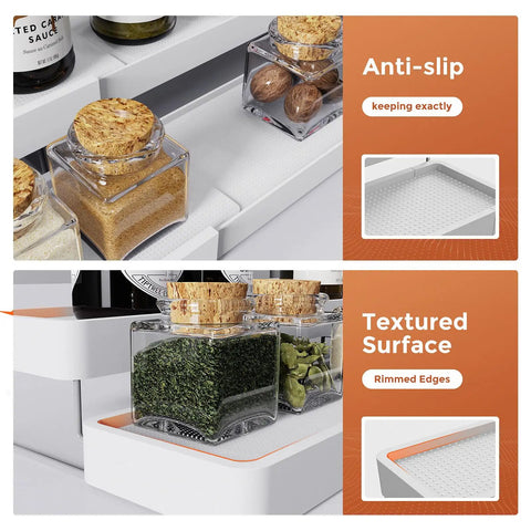 Three Tier Expandable Spice Rack Organizer For Cabinet And Countertop Fully Adjustable Width Design Dead Simple Pantry Layout with textured surface