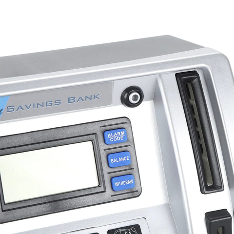 Close-up of Cool Kids ATM Piggy Bank With Debit Card, LCD Screen And Voice Prompts, showing note slot and control buttons.