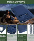 Detailed drawing of Heavy Duty Canvas Tarp 8 By 10 Feet Water Resistant With Grommets UV Resistant 22 Mil Tarpaulin and accessories