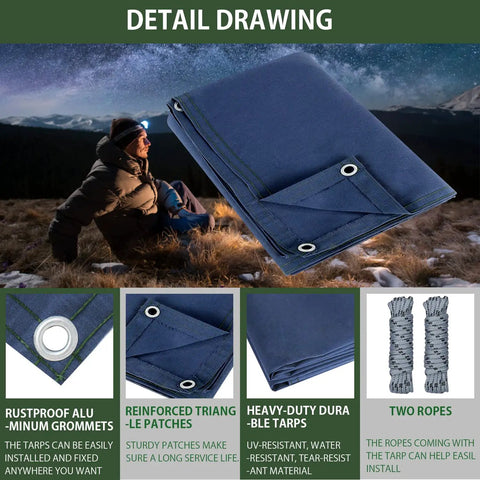 Detailed drawing of Heavy Duty Canvas Tarp 8 By 10 Feet Water Resistant With Grommets UV Resistant 22 Mil Tarpaulin and accessories