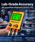 Digital HVAC Manifold Gauge Kit With 2 Wired Temperature Probes For Real Time Pressure, Temperature, Vacuum And Leak Checks, 88 Refrigerants Including R22 R410A R32 R454B With A2L Safety Alert, Superheat And Subcooling Readouts For Residential, Central. handheld yellow digital HVAC manifold gauge with display, brass fittings