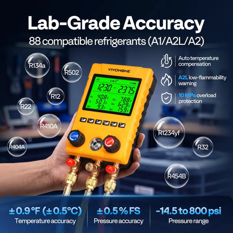 Digital HVAC Manifold Gauge Kit With 2 Wired Temperature Probes For Real Time Pressure, Temperature, Vacuum And Leak Checks, 88 Refrigerants Including R22 R410A R32 R454B With A2L Safety Alert, Superheat And Subcooling Readouts For Residential, Central. handheld yellow digital HVAC manifold gauge with display, brass fittings