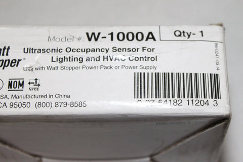 Box of W-1000A Ultrasonic Occupancy Sensor For Lighting And HVAC Control, showing model number and barcode.