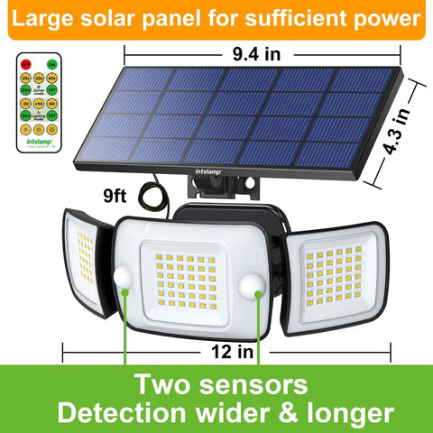Outdoor Solar Flood Lights With Remote Control 3 Head Motion Sensor Flood Lights showing solar panel and dimensions