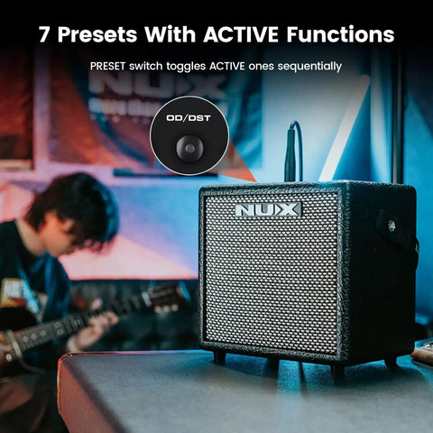 Musician using Mighty 8BT MKII 8W Portable Modeling Amp For Acoustic Electric And Bass Guitars Bluetooth with 7 presets