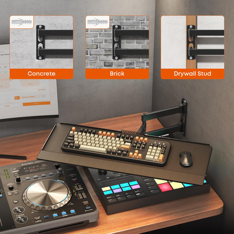Heavy Duty Wall Mount Keyboard Tray With Adjustable Articulating Arm And Expanded Metal Deck installed on various wall types including concrete.