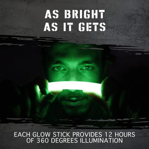 Person holding 20 Pack Ultra Bright Emergency Glow Sticks Green For Survival Gear And Outdoor Prep Individually Wrapped Industrial Grade Perfect For Camping Lights Power Outages Military Use 12 Hour Continuous Glow