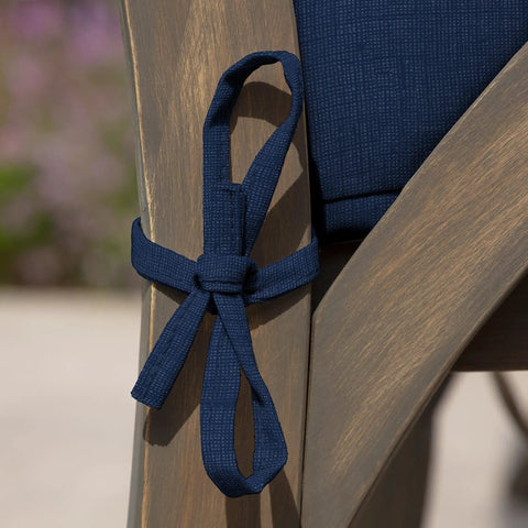 Outdoor Dining Chair Cushion Set 21 By 21 Inches In Sapphire Blue Rainproof And Fade Resistant Includes One Back Pillow And One Seat Bottom Eco Friendly PFAS Free C0 Treatment With Recycled Polyfill And Polyester Fill Fits Most Chairs tie detail