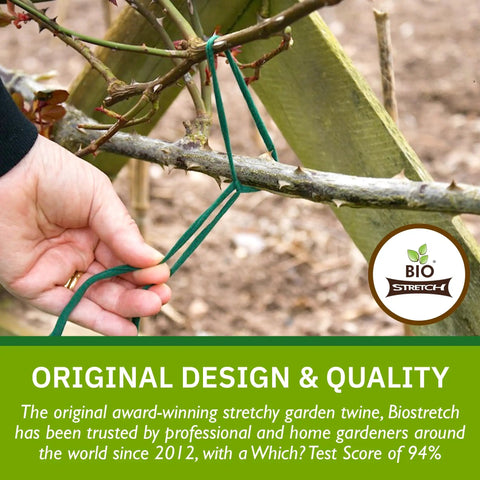 Hand tying branch with soft strong stretchy garden plant ties no-fuss for indoor and outdoor plants cut-to-length plant tape.
