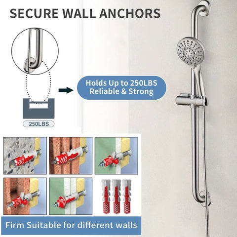 Slide Bar Shower System With Handheld Shower Head And Stainless Steel Grab Bar, Adjustable Height, 69 Inch Hose, Brushed Nickel