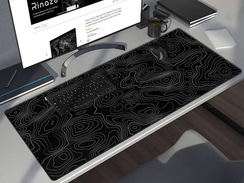 Extra Large Gaming Mouse Pad With Black Topographic Print XXL Desk Mat For Gaming And Work Non Slip Keyboard Pad For Computer Laptop PC Office Setup Pro on desk