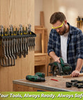 Vise Grip Holder Wall Mount Pliers Organizer Rack for Garage and Workshop holding tools next to a man using a saw at a workbench.