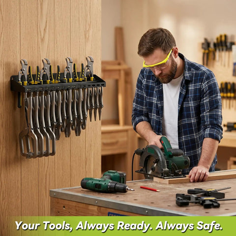 Vise Grip Holder Wall Mount Pliers Organizer Rack for Garage and Workshop holding tools next to a man using a saw at a workbench.