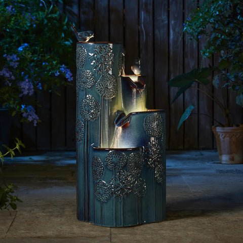 Turquoise Outdoor Water Fountain With LED Lights And Pump Dope 4 Tier Dandelion Texture Vase Shaped Ceramic Floor Standing With Birds