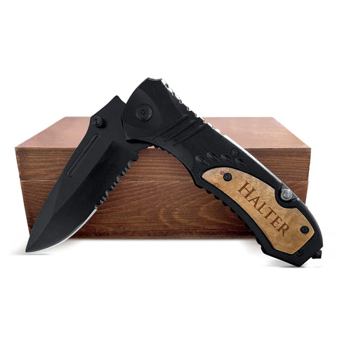 Personalized Groomsmen Pocket Knife Gift For Best Man And Groom Custom Engraved with 'Halter' on wooden handle