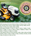 Flat idler pulley close-up (metal, gold-tone) beside a yellow riding lawn mower.