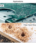 Carbide end mill for PCB engraving, 0.6 mm diameter, 1/8 inch shank
Carbide end mill for woodworking, wood shavings around drilled hole in fiber hard wood