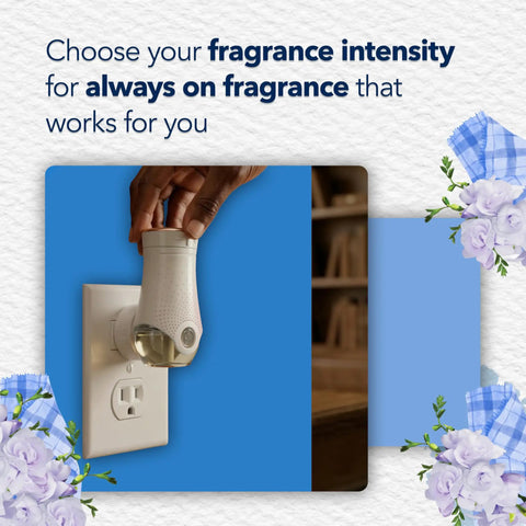 Hand adjusting PlugIns Air Freshener Starter Kit with Two Fragrance Oil Warmers and Six Refills in Clean Linen Scent.
