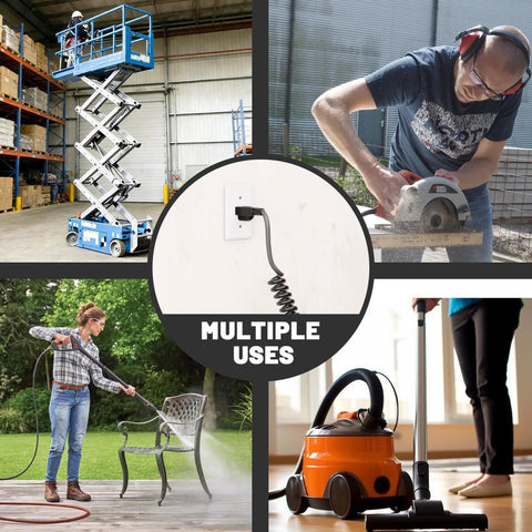 16 AWG 20 Ft Black Coiled Extension Cord Heavy Duty Tough Three Prong Flexible Spiral Power Cable For Standing Desk Garage Workshop And Electric Tools Such As Circular Saw And Drill 13A 125V 1625W ETL Listed in various applications