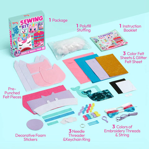 Kids Sewing Kit For Beginners: 6 Easy Projects Like Unicorn And Mermaid Pillows, includes felt sheets, thread, and tools.