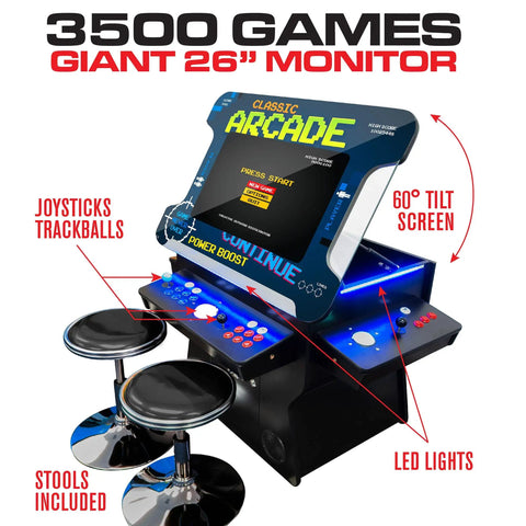 Full Size Commercial Grade Cocktail Arcade Cabinet for Home Game Rooms, 2 Player, 3500 Classic Games, 26 Inch LCD, 4 Sanwa Joysticks.