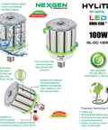 High Power 100W LED Omni Cob Light replaces 400W HPS MH, IP64, shown with diagrams and features for warehouse use.