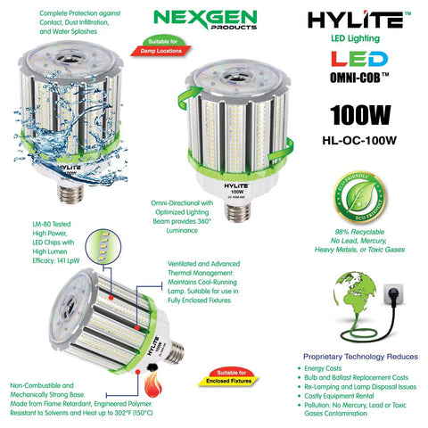 High Power 100W LED Omni Cob Light replaces 400W HPS MH, IP64, shown with diagrams and features for warehouse use.